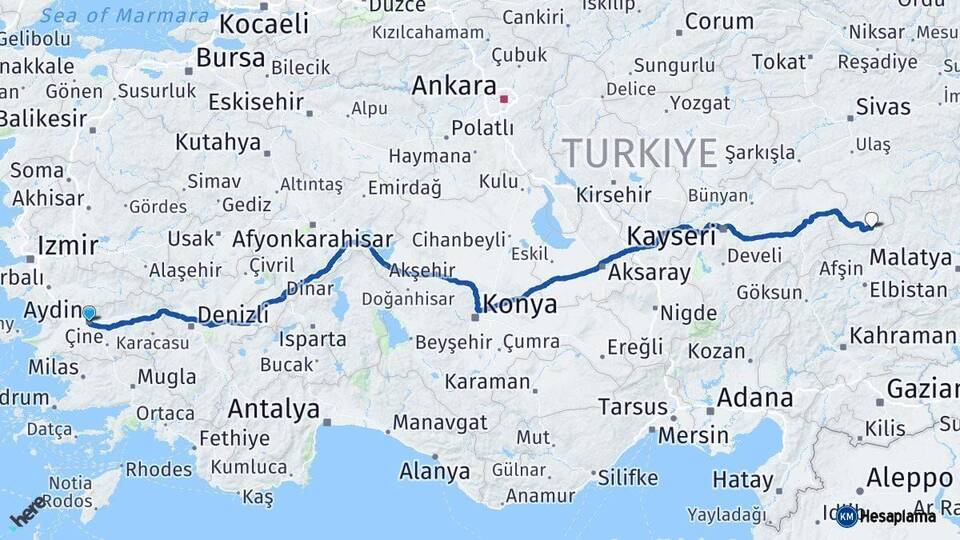 Aydın Gürün Sivas Arası Kaç Km - Yol Haritası