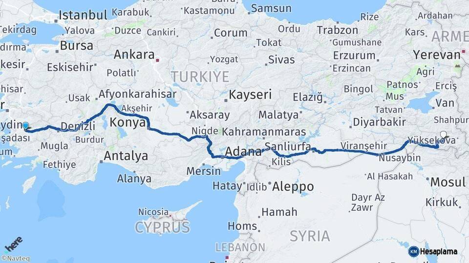 Aydın Hakkari Arası Kaç Km - Yol Haritası