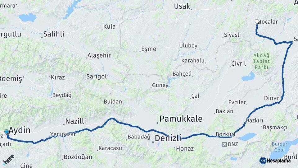 Aydın Hocalar Afyonkarahisar Arası Kaç Km - Yol Haritası