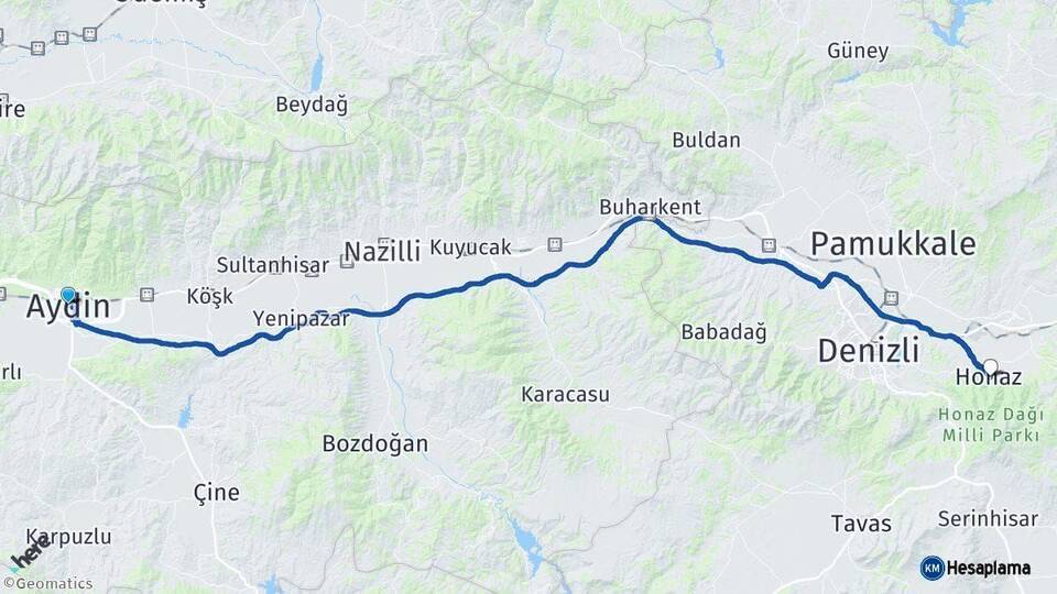 Aydın Honaz Denizli Arası Kaç Km - Yol Haritası