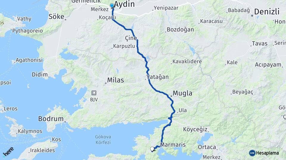 Aydın İçmeler Marmaris Muğla Arası Kaç Km - Yol Haritası