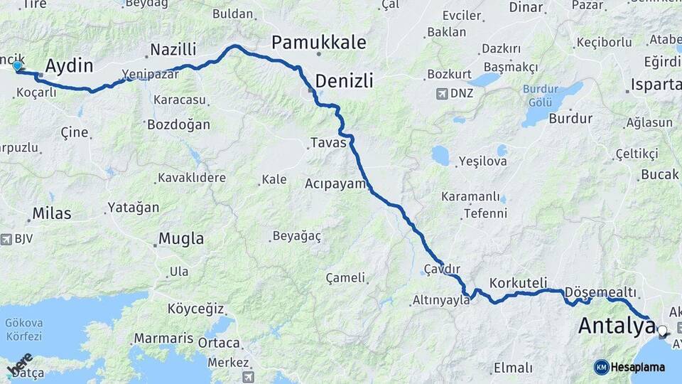 Aydın İncirliova Antalya Arası Kaç Km - Yol Haritası