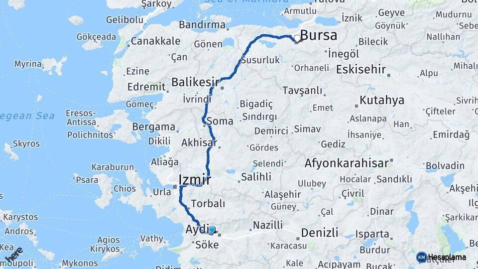 Aydın İncirliova Bursa Arası Kaç Km - Yol Haritası