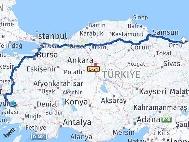 Aydın İncirliova Giresun Arası Kaç Km - Yol Haritası