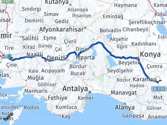 Aydın İncirliova Karaman Arası Kaç Km - Yol Haritası