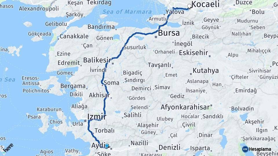 Aydın İncirliova Kocaeli Arası Kaç Km - Yol Haritası