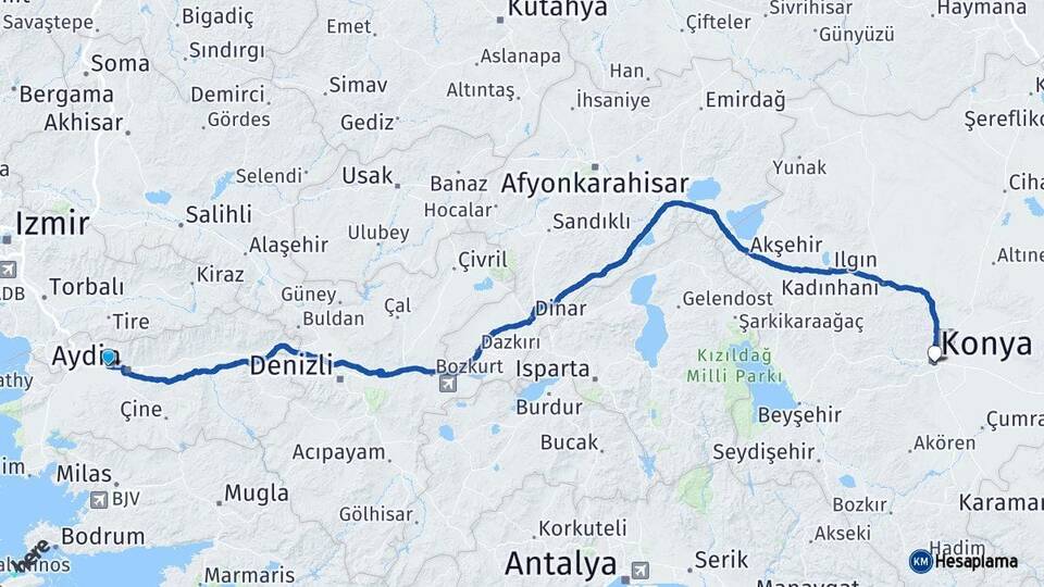 Aydın İncirliova Konya Arası Kaç Km - Yol Haritası