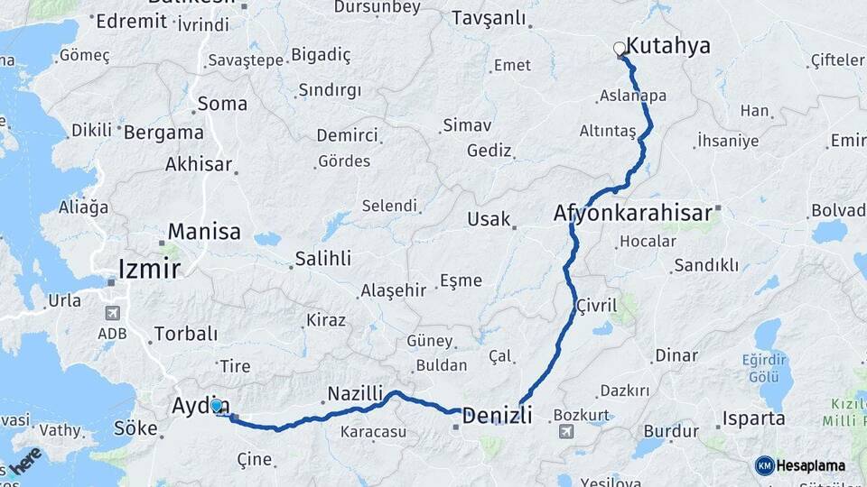 Aydın İncirliova Kütahya Arası Kaç Km - Yol Haritası