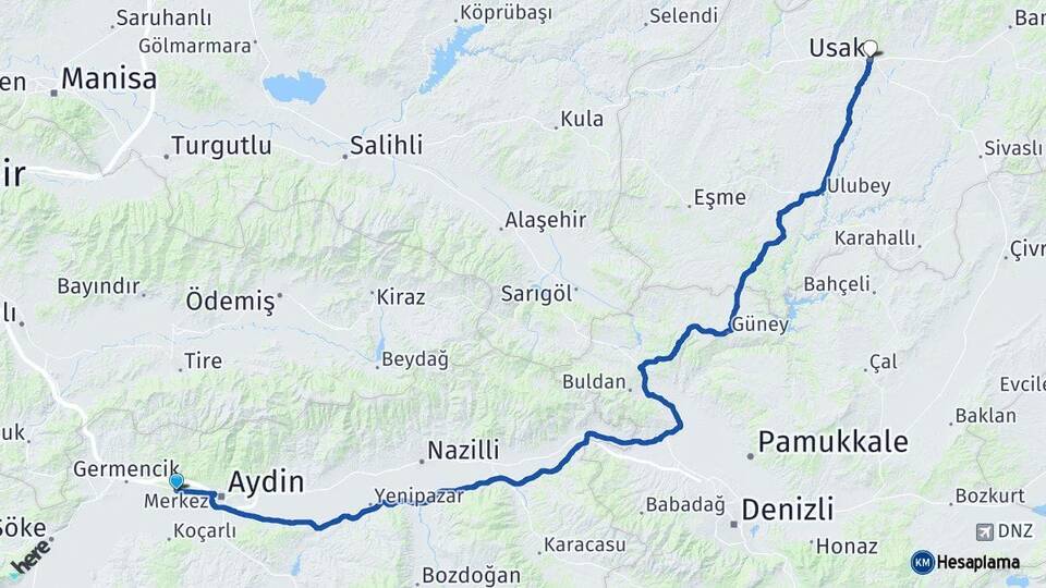 Aydın İncirliova Uşak Arası Kaç Km - Yol Haritası