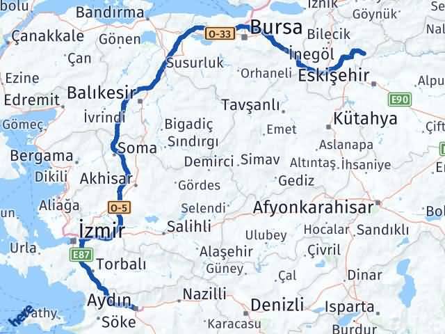 Aydın İnhisar Bilecik Arası Kaç Km - Yol Haritası