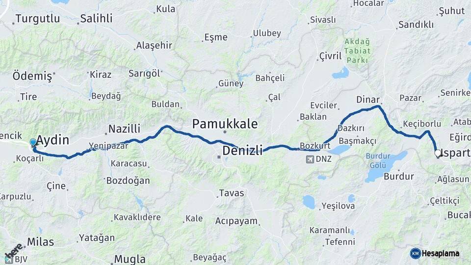 Aydın Isparta Arası Kaç Km - Yol Haritası