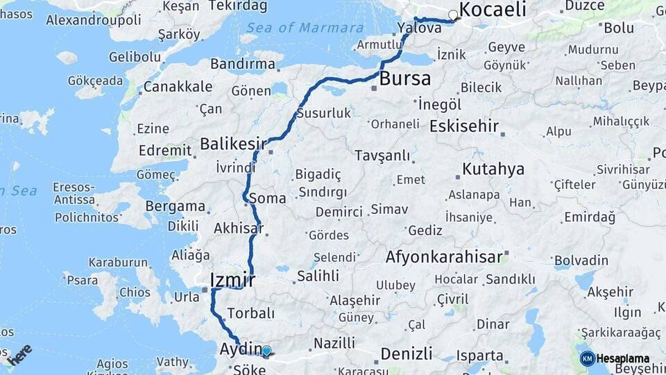 Aydın İzmit Kocaeli Arası Kaç Km - Yol Haritası