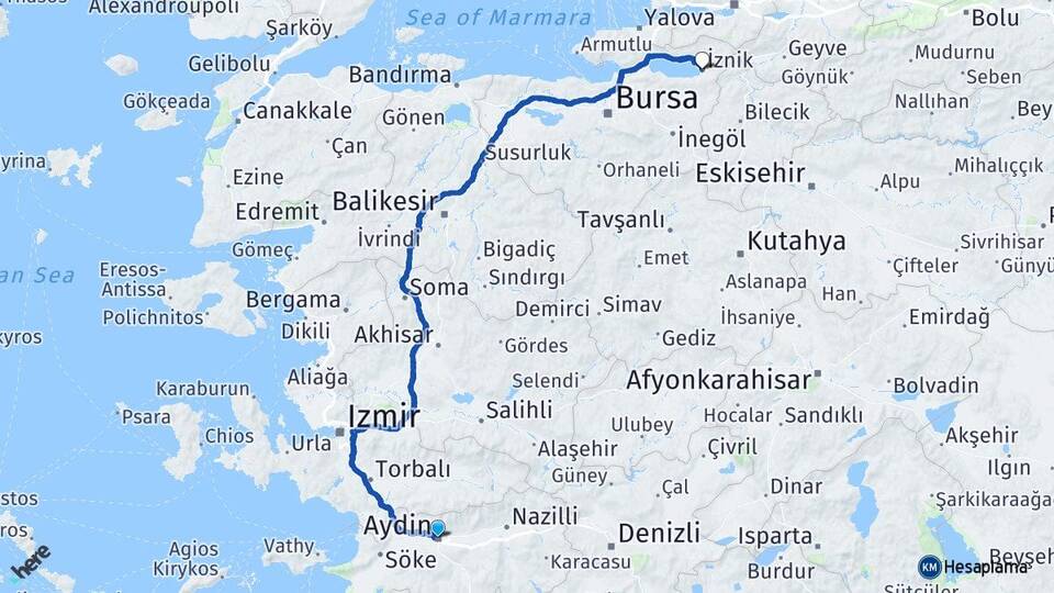 Aydın İznik Bursa Arası Kaç Km - Yol Haritası
