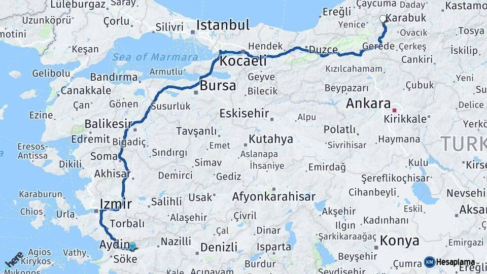 Aydın Karabük Arası Kaç Km - Yol Haritası