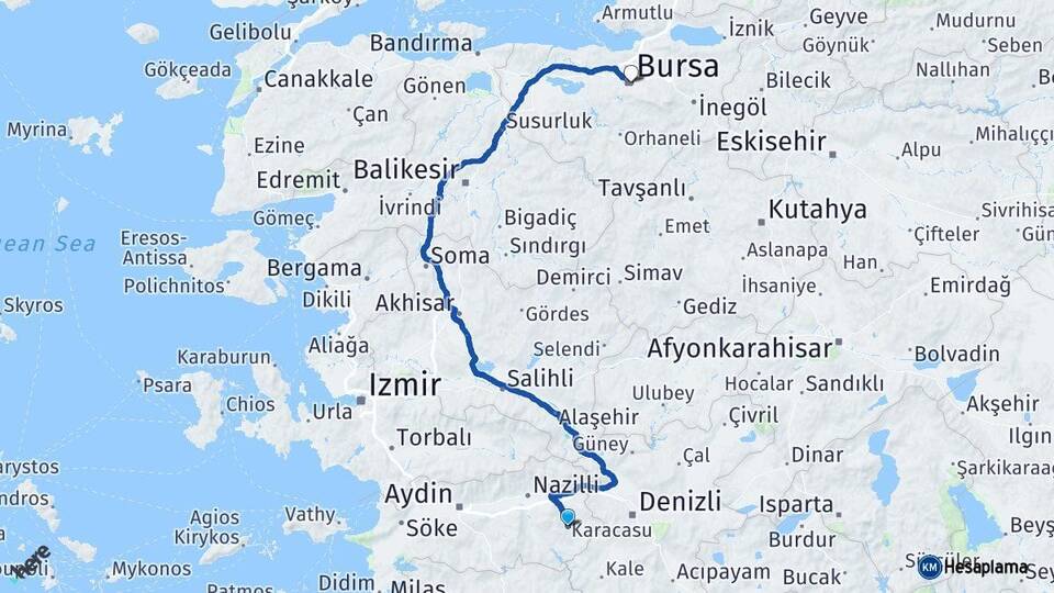 Aydın Karacasu Bursa Arası Kaç Km - Yol Haritası