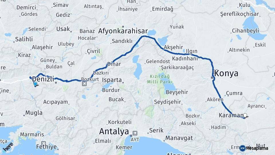 Aydın Karacasu Karaman Arası Kaç Km - Yol Haritası
