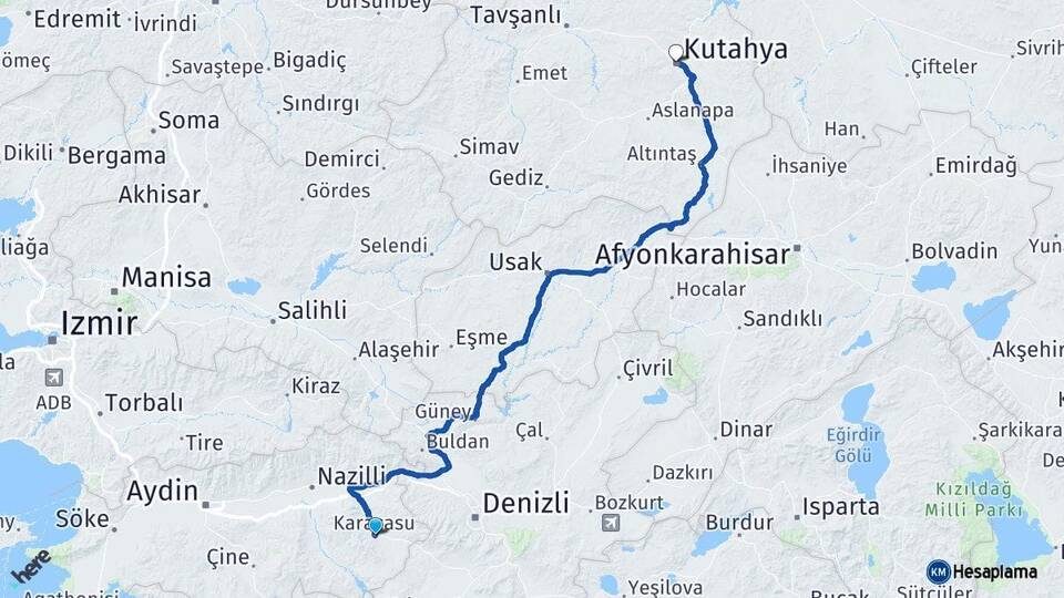Aydın Karacasu Kütahya Arası Kaç Km - Yol Haritası