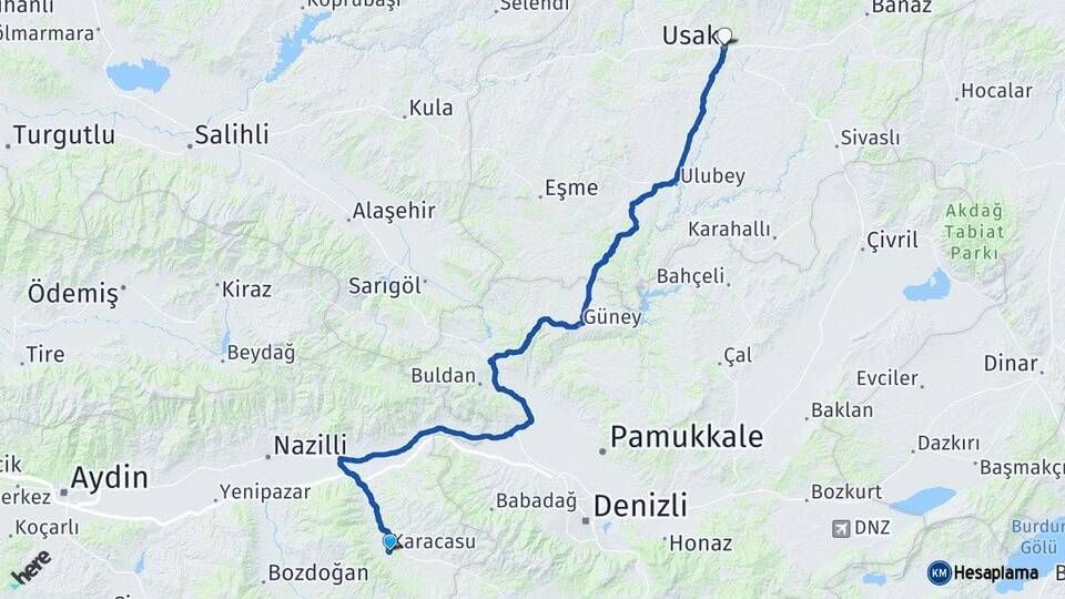 Aydın Karacasu Uşak Arası Kaç Km - Yol Haritası