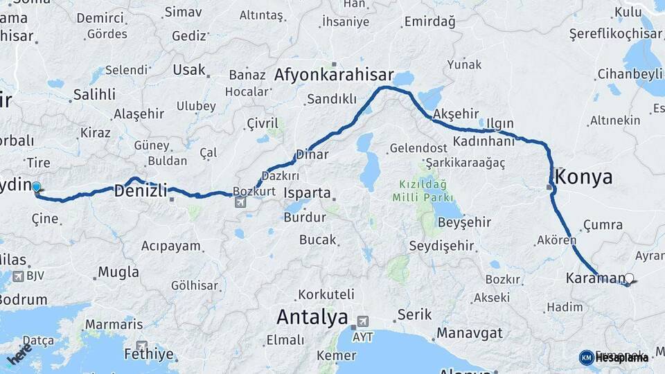 Aydın Karaman Arası Kaç Km - Yol Haritası
