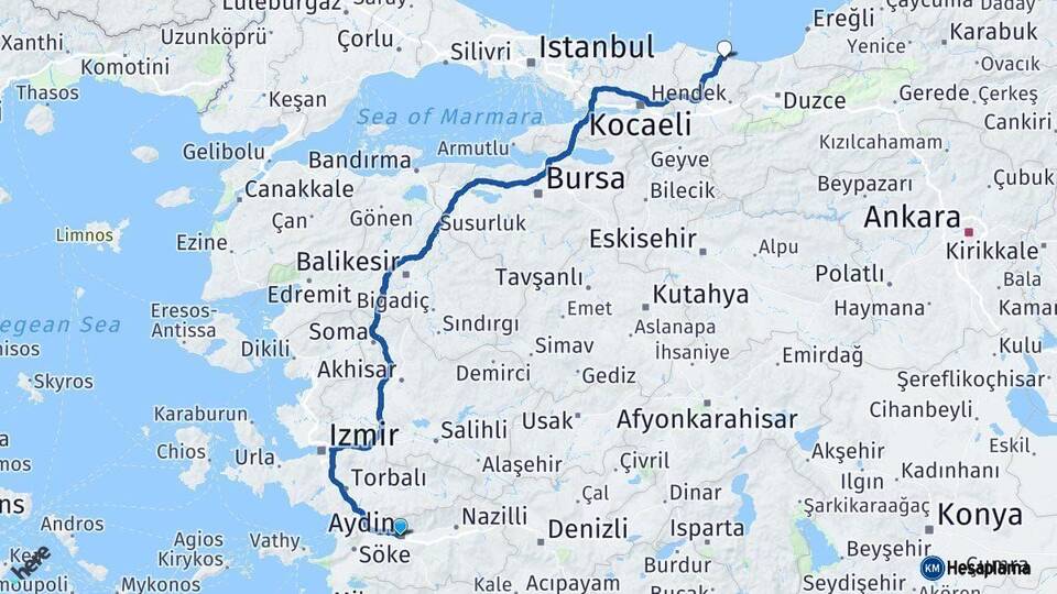 Aydın Karasu Sakarya Arası Kaç Km - Yol Haritası