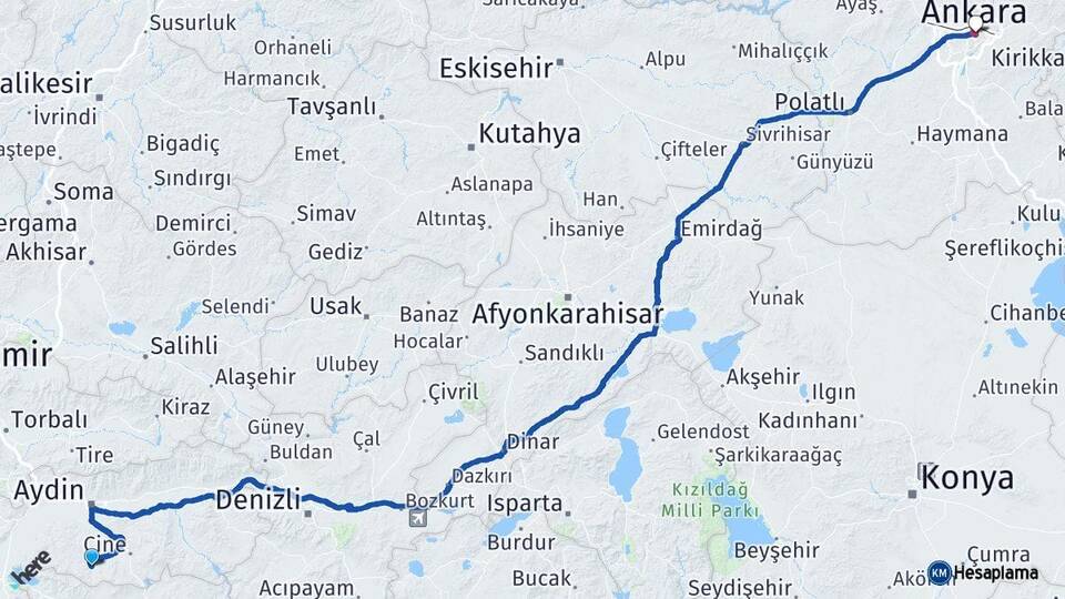 Aydın Karpuzlu Ankara Arası Kaç Km - Yol Haritası