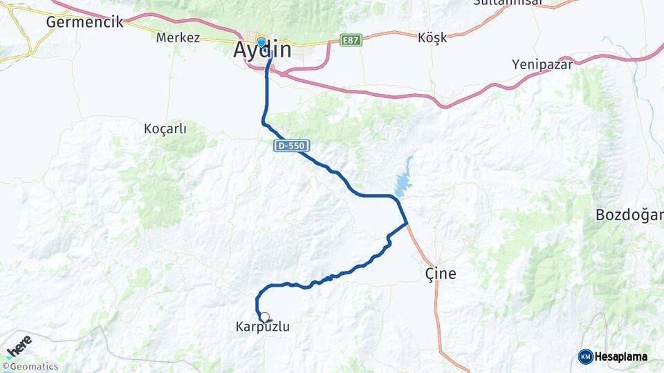 Aydın Karpuzlu Arası Kaç Km - Yol Haritası