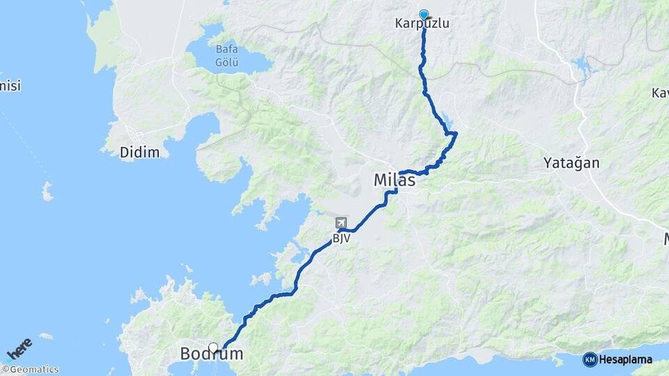 Aydın Karpuzlu Bodrum Muğla Arası Kaç Km - Yol Haritası