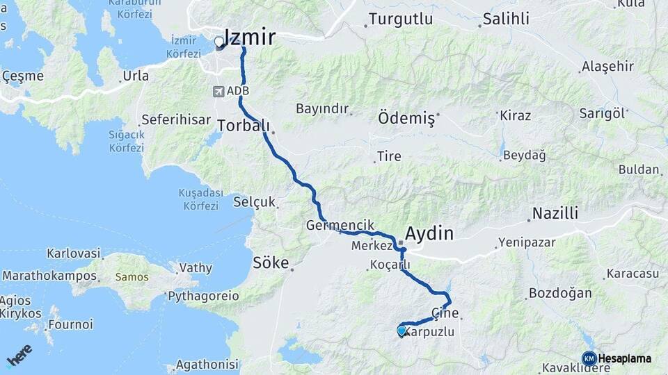 Aydın Karpuzlu İzmir Arası Kaç Km - Yol Haritası