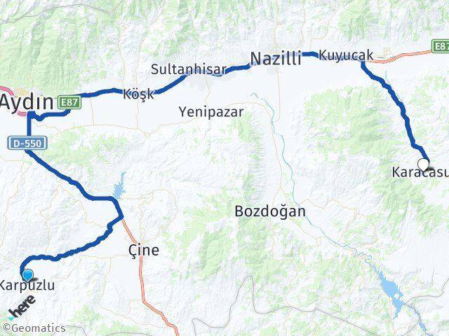 Aydın Karpuzlu Karacasu Arası Kaç Km - Yol Haritası