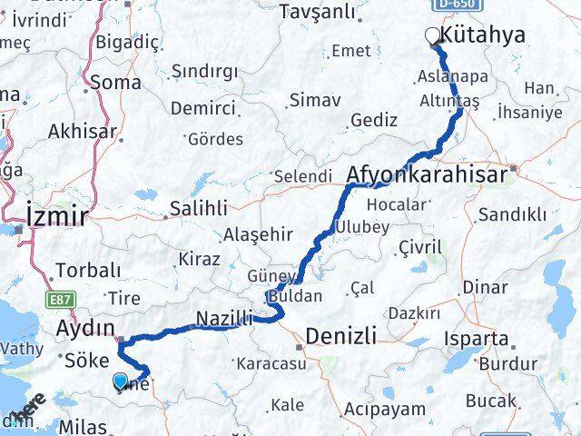 Aydın Karpuzlu Kütahya Arası Kaç Km - Yol Haritası