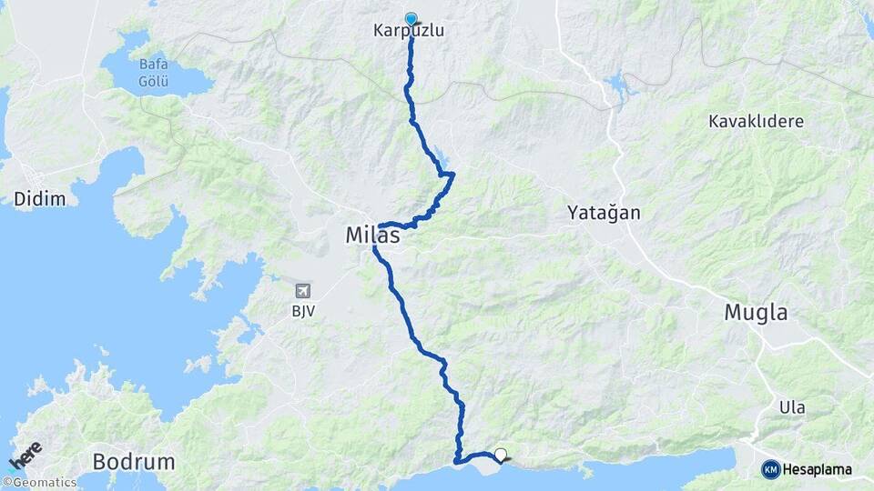 Aydın Karpuzlu Ören Milas Muğla Arası Kaç Km - Yol Haritası