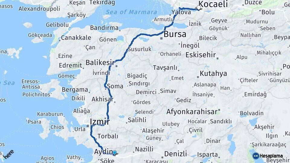 Aydın Kartepe Kocaeli Arası Kaç Km - Yol Haritası