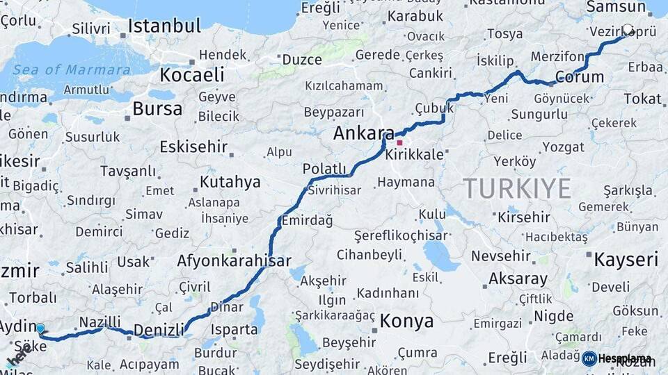 Aydın Kavak Samsun Arası Kaç Km - Yol Haritası
