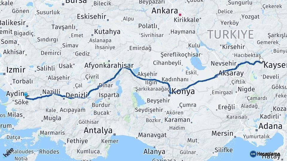 Aydın Kayseri Arası Kaç Km - Yol Haritası