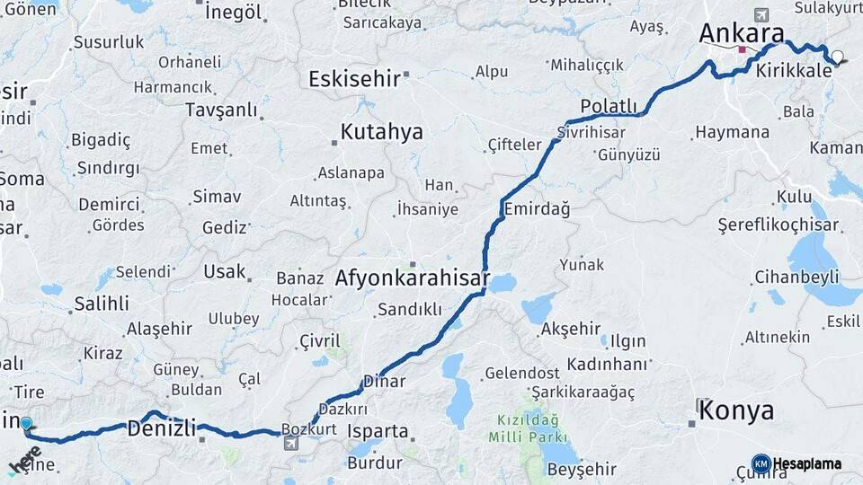 Aydın Kırıkkale Arası Kaç Km - Yol Haritası