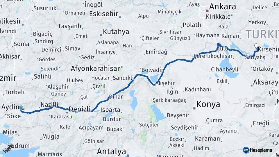 Aydın Kırşehir Arası Kaç Km - Yol Haritası