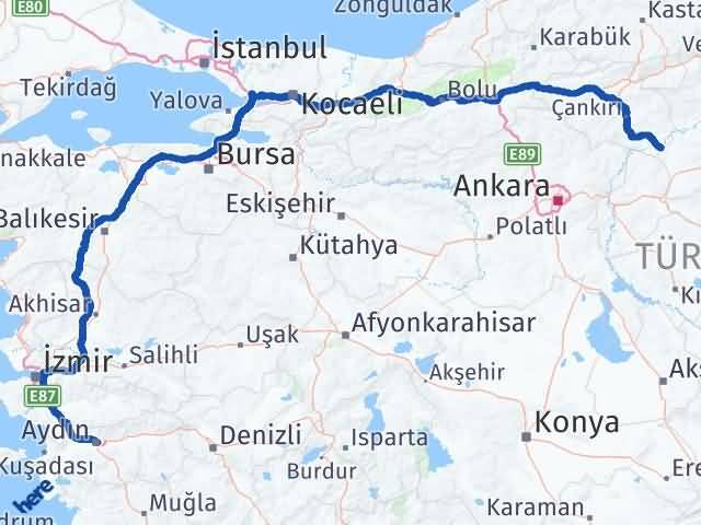 Aydın Kızılırmak Çankırı Arası Kaç Km - Yol Haritası