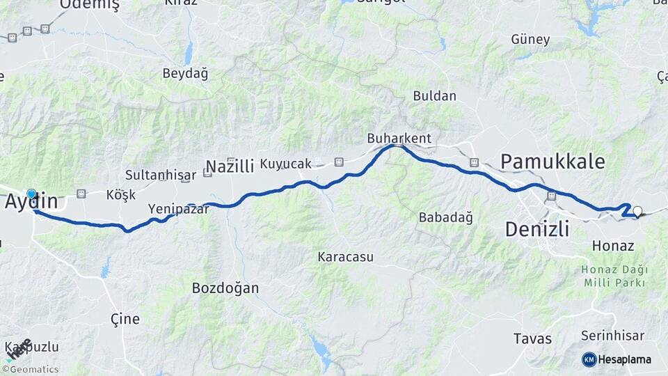Aydın Kocabaş Honaz Denizli Arası Kaç Km - Yol Haritası