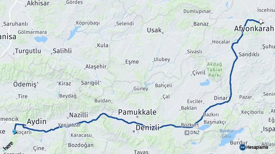Aydın Koçarlı Afyonkarahisar Arası Kaç Km - Yol Haritası