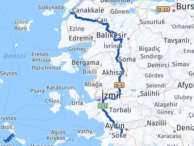 Aydın Koçarlı Çanakkale Arası Kaç Km - Yol Haritası