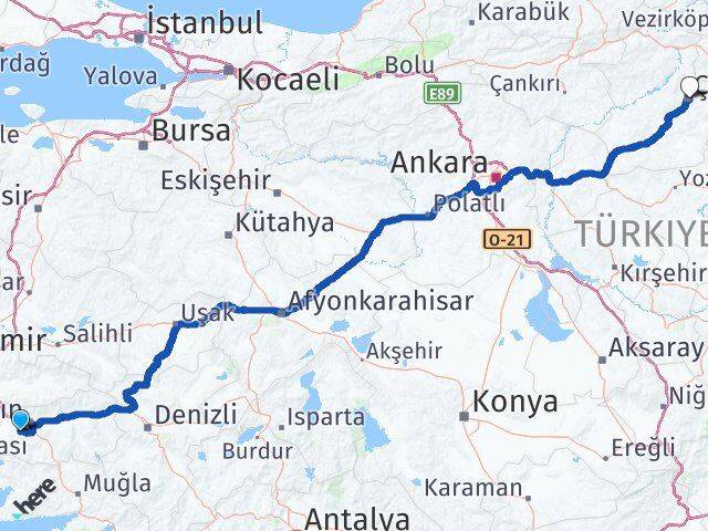 Aydın Koçarlı Çorum Arası Kaç Km - Yol Haritası