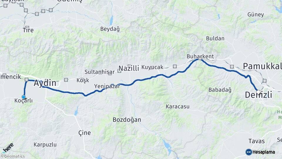 Aydın Koçarlı Denizli Arası Kaç Km - Yol Haritası