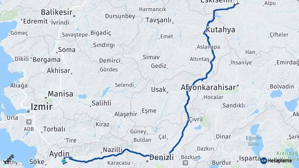 Aydın Koçarlı Eskişehir Arası Kaç Km - Yol Haritası