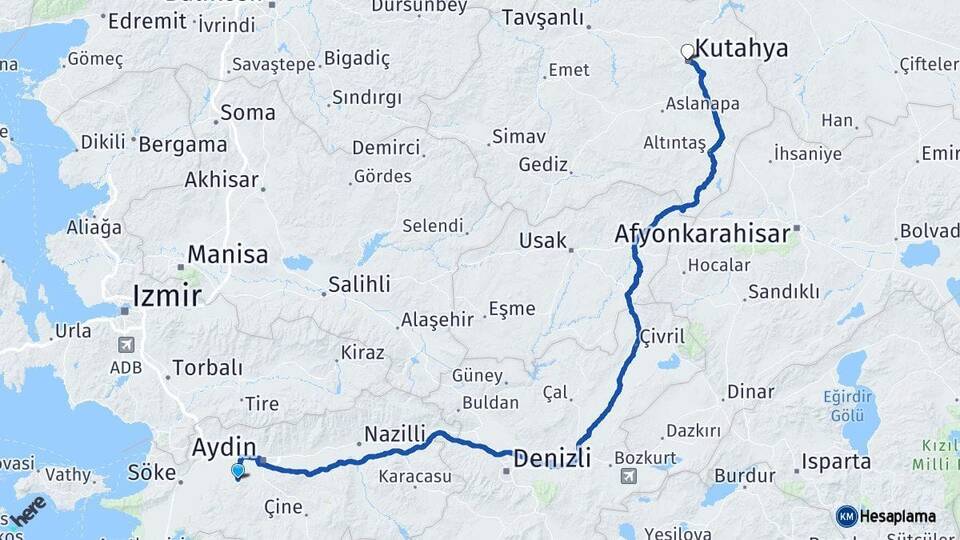 Aydın Koçarlı Kütahya Arası Kaç Km - Yol Haritası
