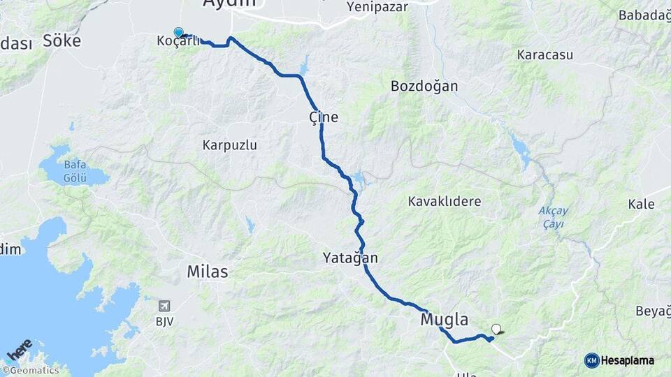 Aydın Koçarlı Muğla Arası Kaç Km - Yol Haritası