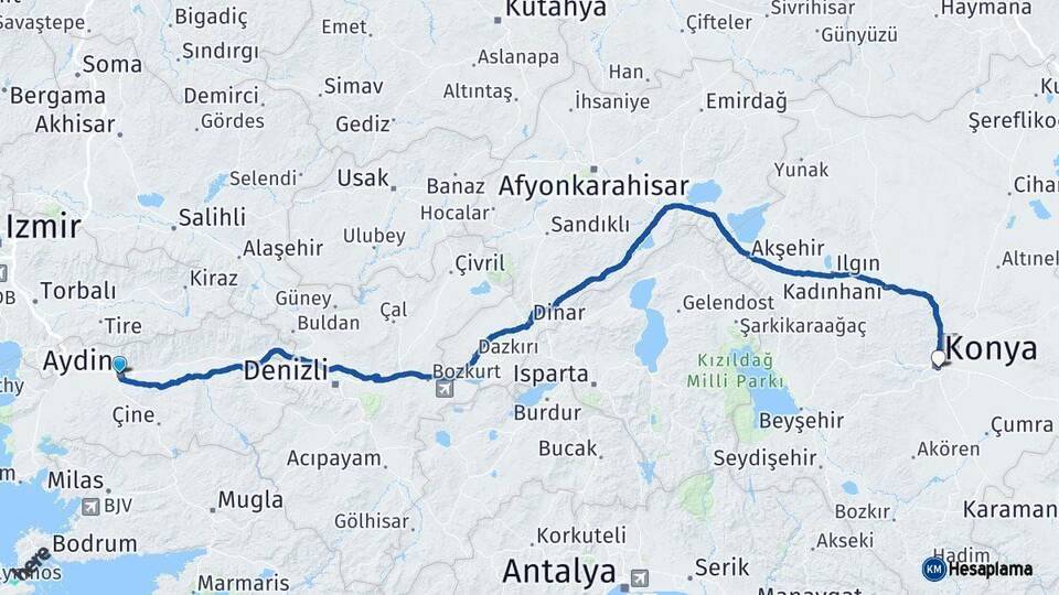 Aydın Konya Arası Kaç Km - Yol Haritası