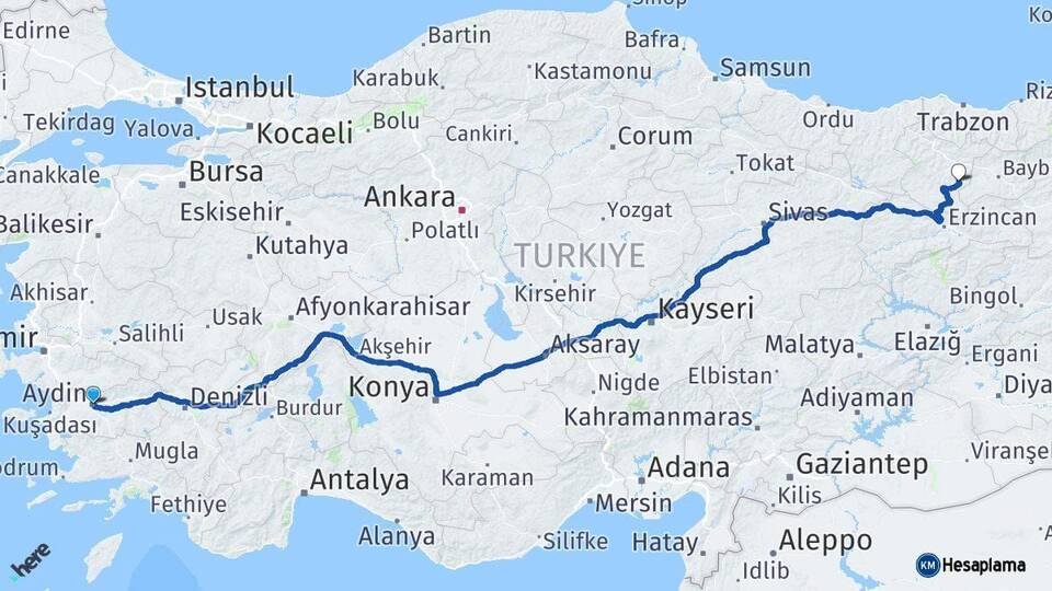 Aydın Köse Gümüşhane Arası Kaç Km - Yol Haritası