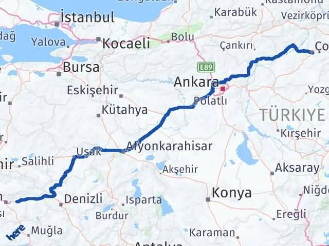 Aydın Köşk Çorum Arası Kaç Km - Yol Haritası