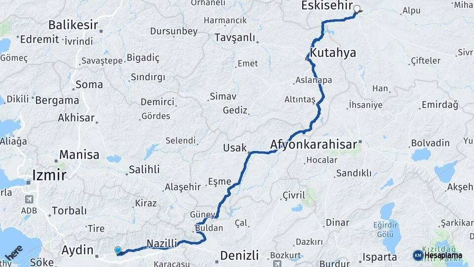 Aydın Köşk Eskişehir Arası Kaç Km - Yol Haritası