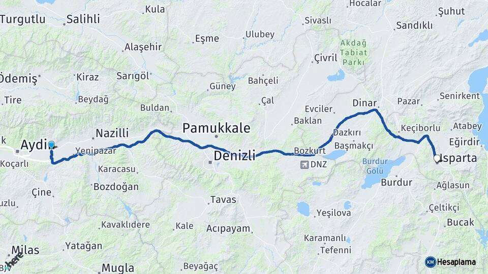 Aydın Köşk Isparta Arası Kaç Km - Yol Haritası